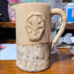 Brutalist Pitcher Vase Fleur De Lis Distressed Pottery Ceramic Beige Brown